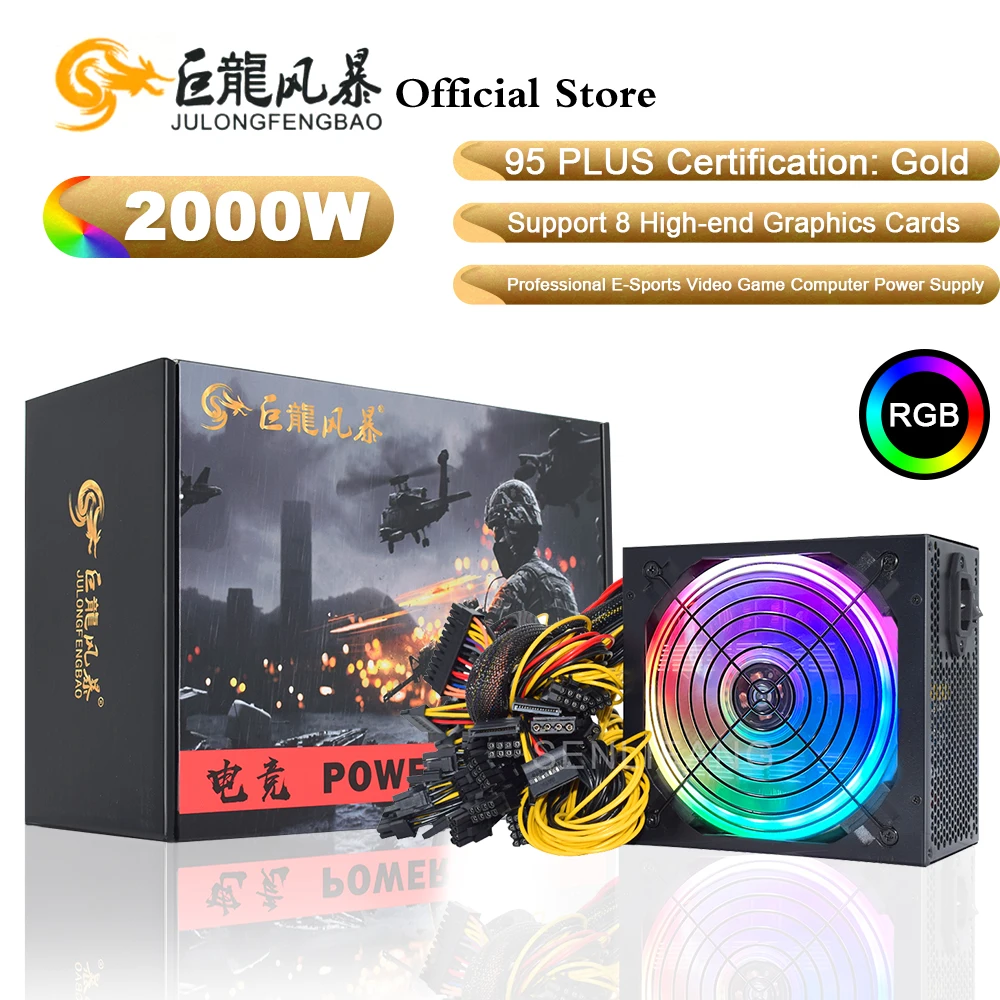 Collegabile 8Gpu 95% Efficienza Eth Bitcoin Etc Rvn Mining Psu Rgb Atx 2000W Alimentatore Per Tutti I Tipi Di Macchina Grafica