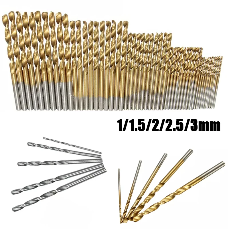 50Pcs Titanium Coated Drill Bits Set Drill Bit 1/1.5/2/2.5/3Mm For Metal Wood Aluminum Drilling Tools Fried Dough Twist Drill