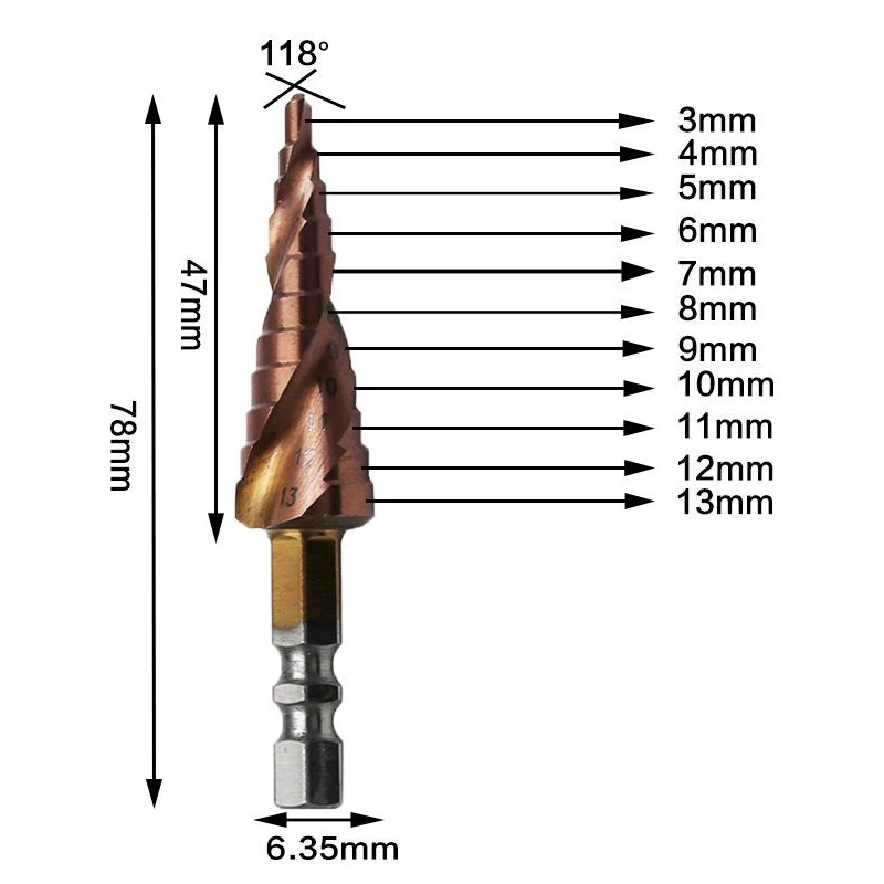 1Pc 3-13Mm Hss Spiral Groove Step Drill Bits 1/4 Inch Hex Shank Metric Cobalt Drill Bit For Metal Plastic Wood