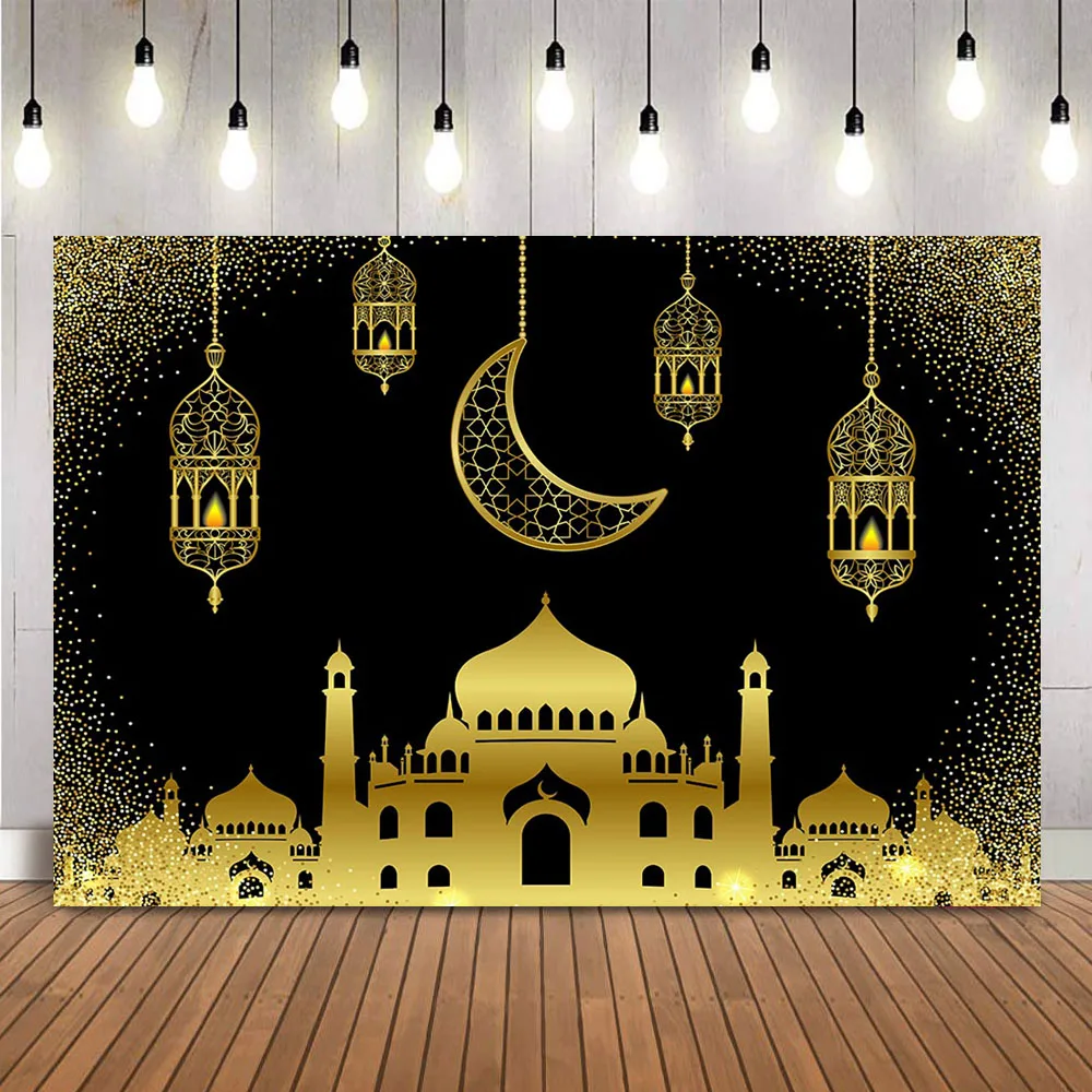 Eid Mubarak Poster Sfondo Nero Golden Dots Moon Islamic Mosque Lamps Ramadan Kareem Home Decor Wallpaper Photo Background
