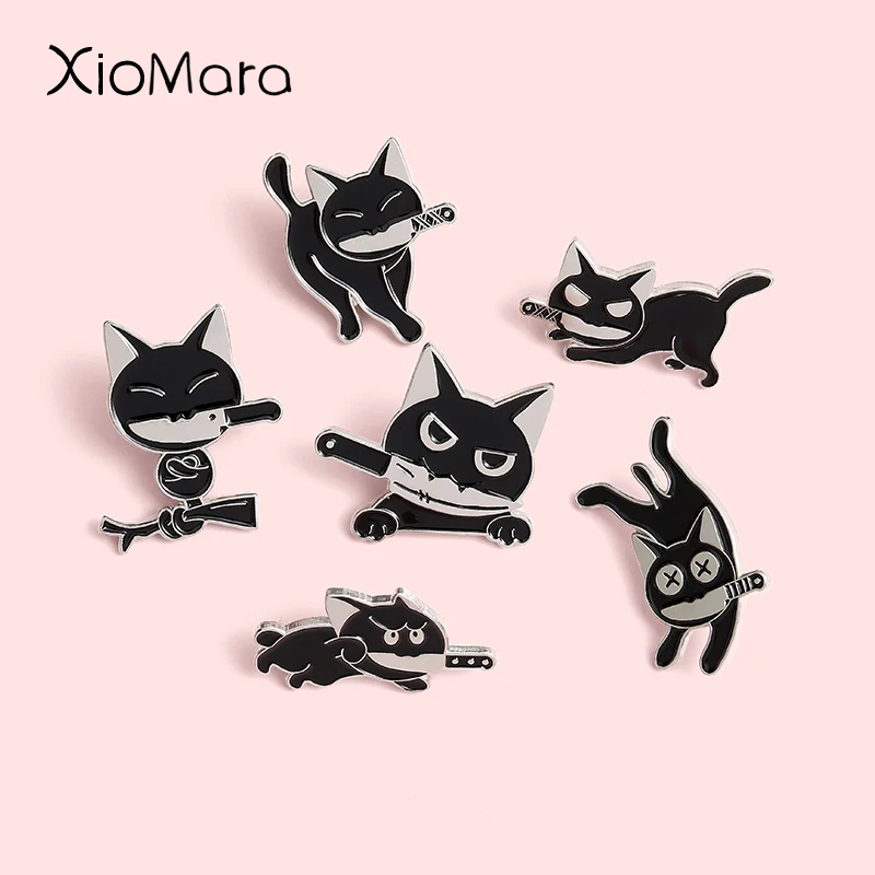 Gatti Punk Neri Con Coltello Smalto Pin S Fashion Killer Spille Distintivi Bavero All'Ingrosso Carino Pin Gioielli Regali Per Gli Amici