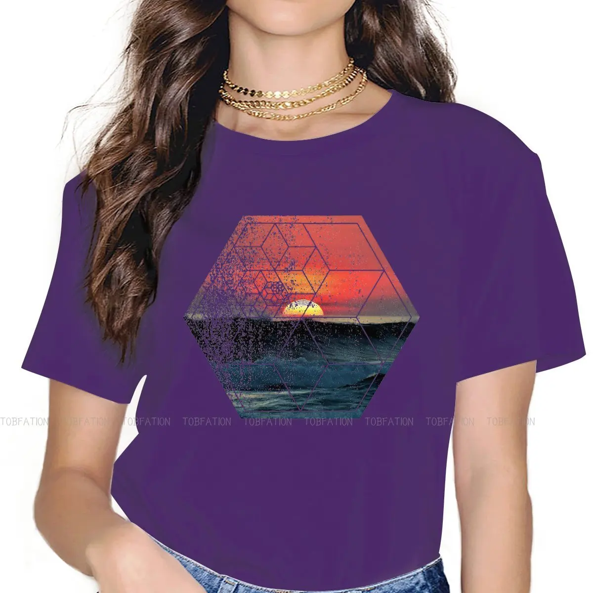Magliette Hipster Natura E Geometria Geometrica Sunset Beach The Scenery Girl Graphic Fabric Tops T Shirt O Neck Oversize 5Xl
