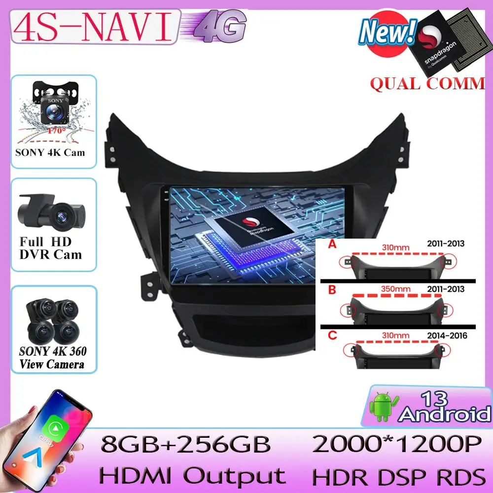 Qualcomm Android 13 Car Video Per Hyundai Elantra 5, Jk, Gd, Md, Ud, 2011-2016 Car Audio Radio Cassette Carplayer Dsp 8Core Bt