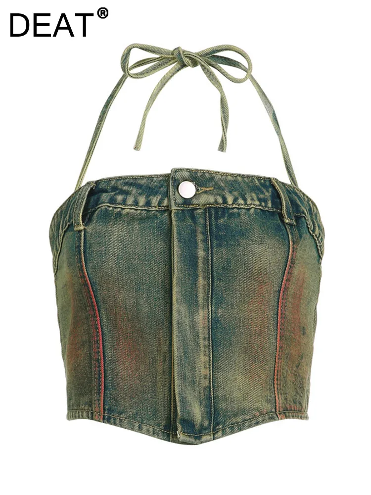 Canottiere In Denim Da Donna Deat Tie-Dye Retro Senza Spalline Lace-Up Slim Zipper Off Waist Short Camis 2024 Springnew Fashion 29 L3415