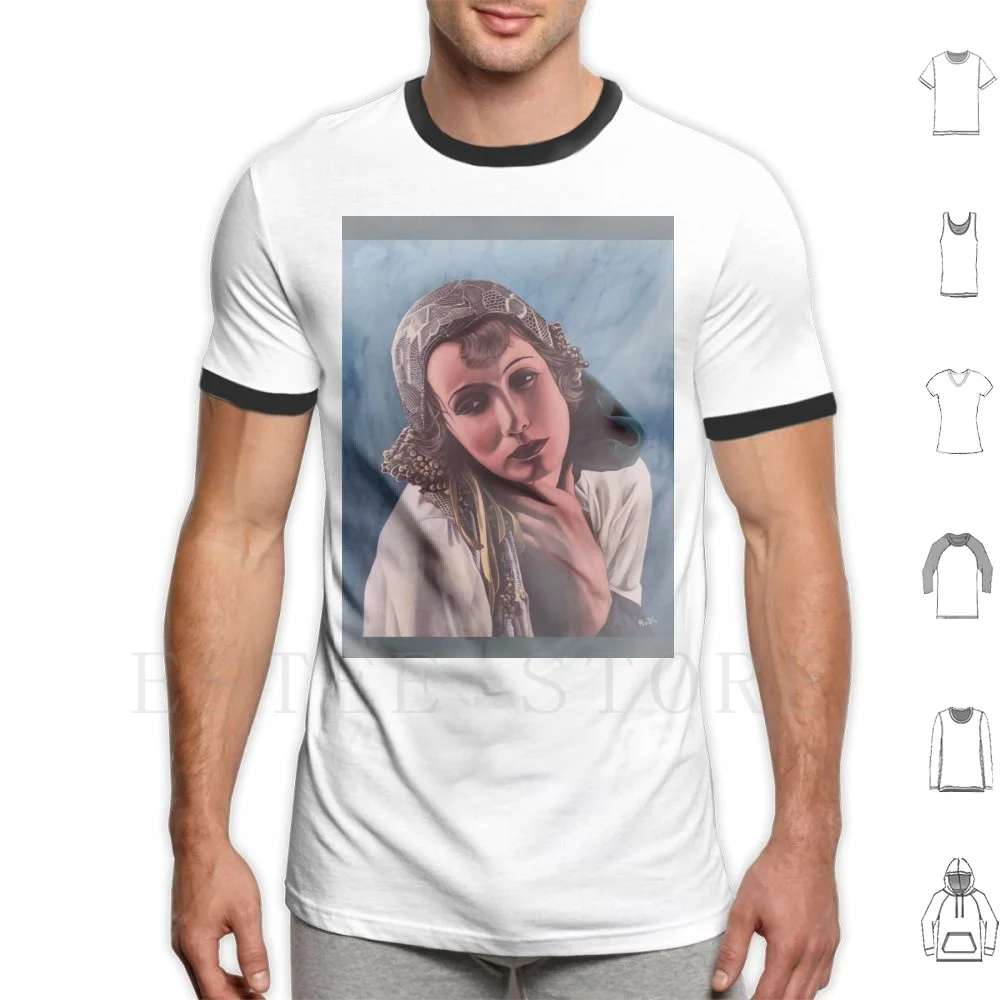 Olio Su Tela-Greta Garbo T Shirt Stampa Cotone Greta Garbo Oil On Portrait Vintage Rmv Realistico