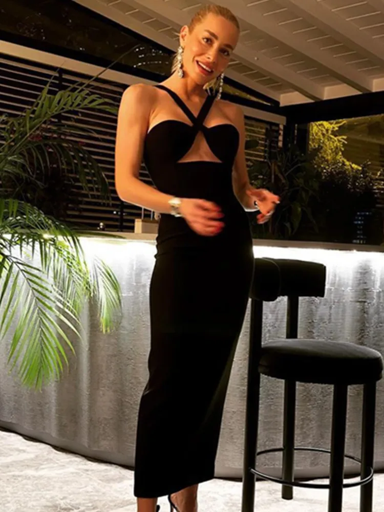 2023 New Designer Women Black Summer Elastic Crisscross Neck Maxi Long Bandage Dress Celebrity Evening Party Wedding Guest Gowns
