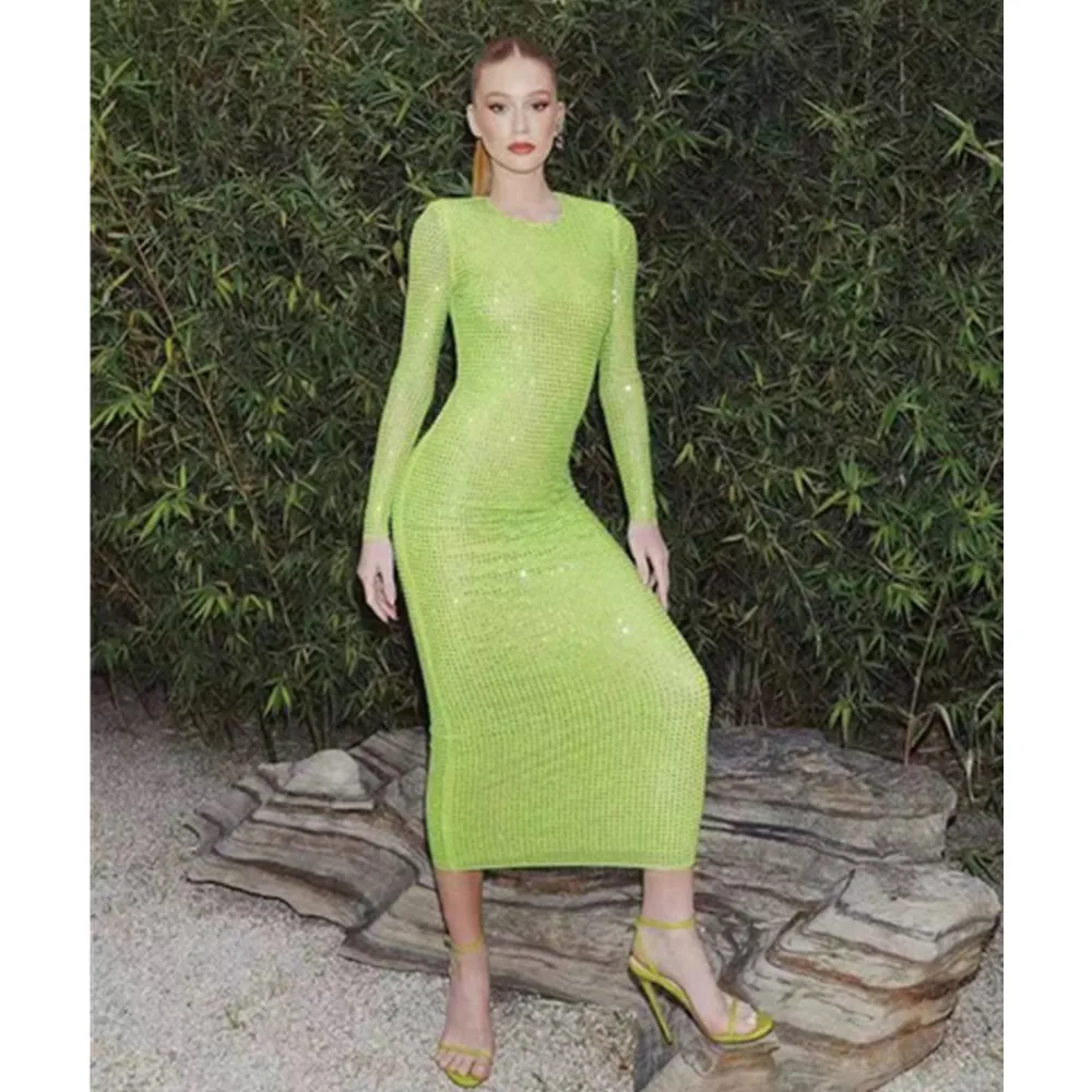 2023 Luxury Designer Women Party Dress Manica Lunga Rhinstones Midi Length Slim Garment Birthday Celebrity Evening Party Gowns