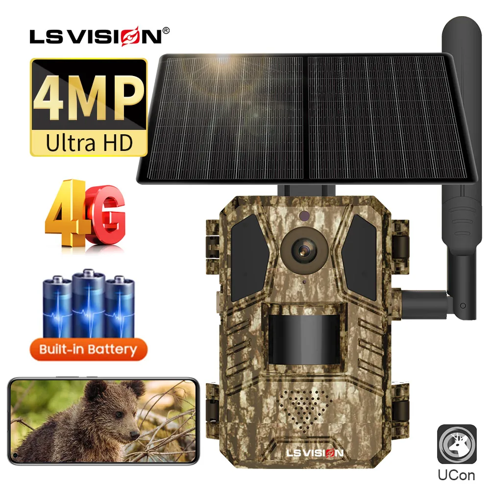 Ls Vision Solar Hunting Trail Camera 14Mp 4G Sim Card Ip66 Impermeabile 20M Pir Motion Detection Wildlife Camera Ir Night Vision