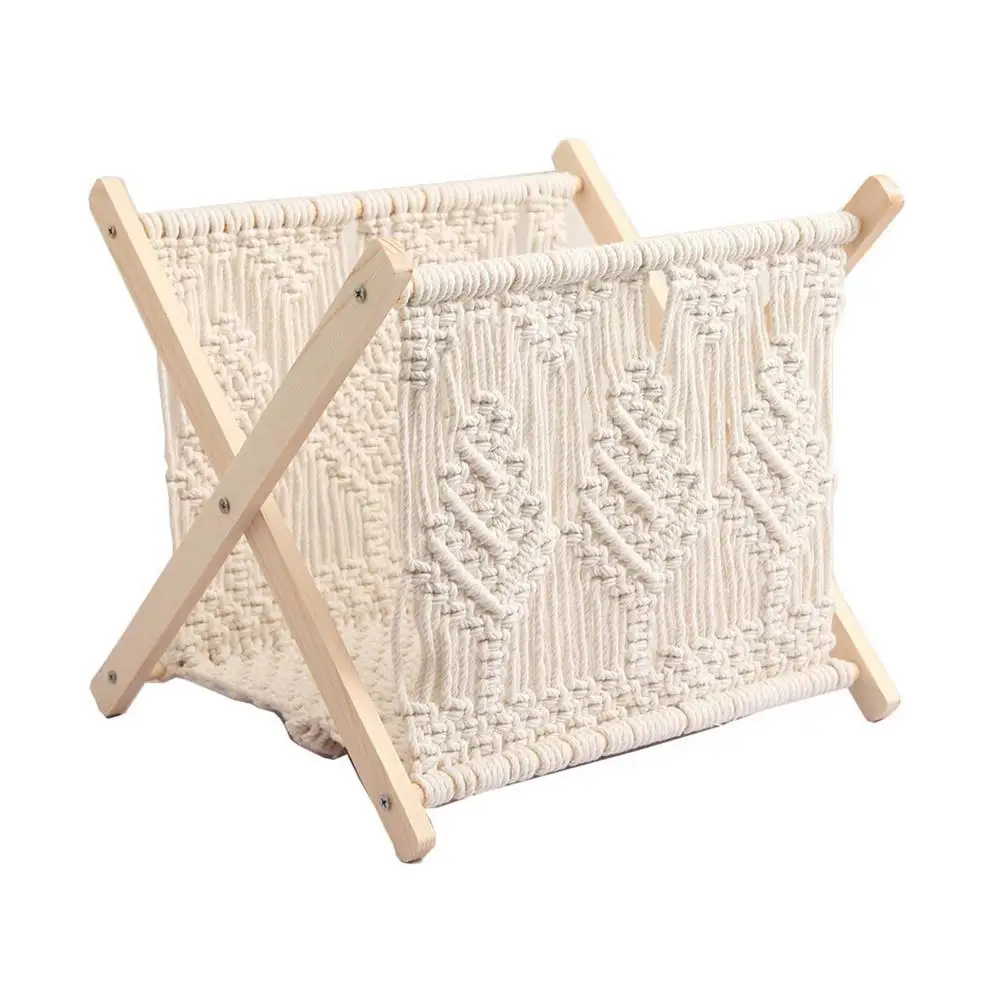Boho Cotton Rope Woven Wood Fodable Storage Rack Macramerack Small Boho Books Giornali Holder Organizer