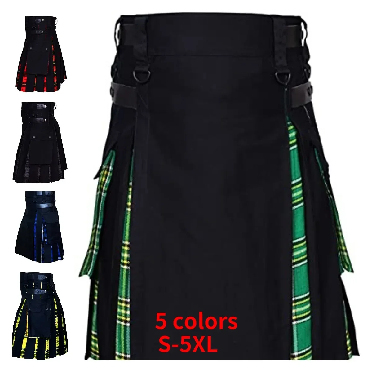 Kilts Da Uomo In Cotone Nero Ibrido Scozzese Plus Size E Tartan Con Cinturini In Pelle Kilts Per Uomo