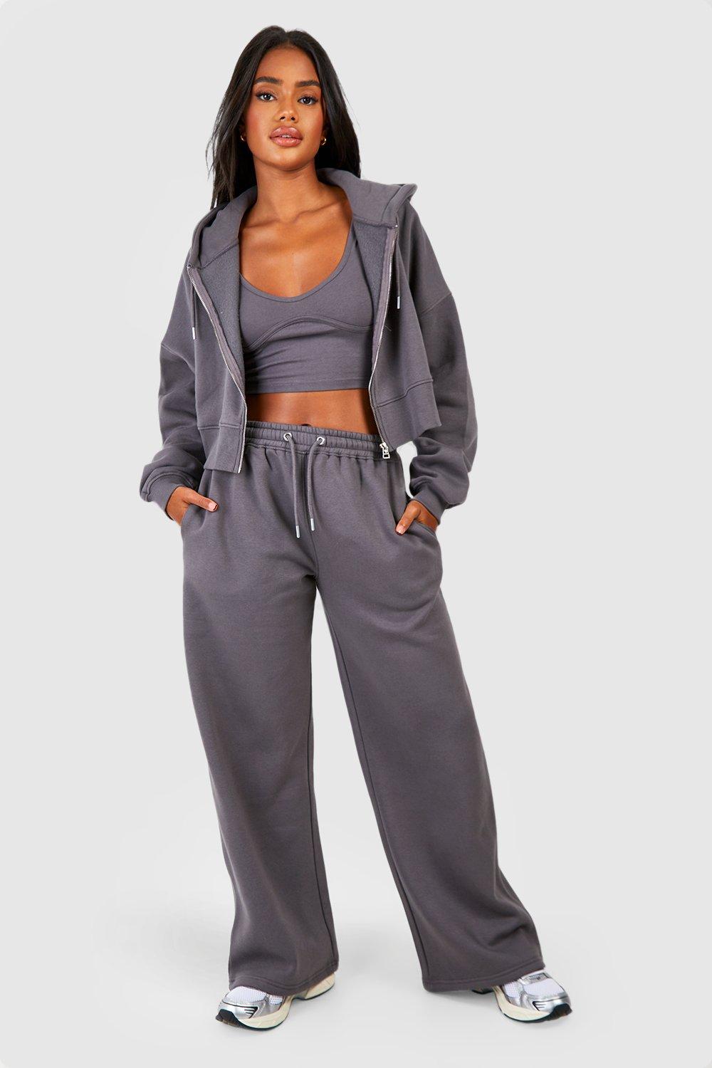 Seam Detail Crop Top 3 Piece Hooded Tracksuit, Grigio