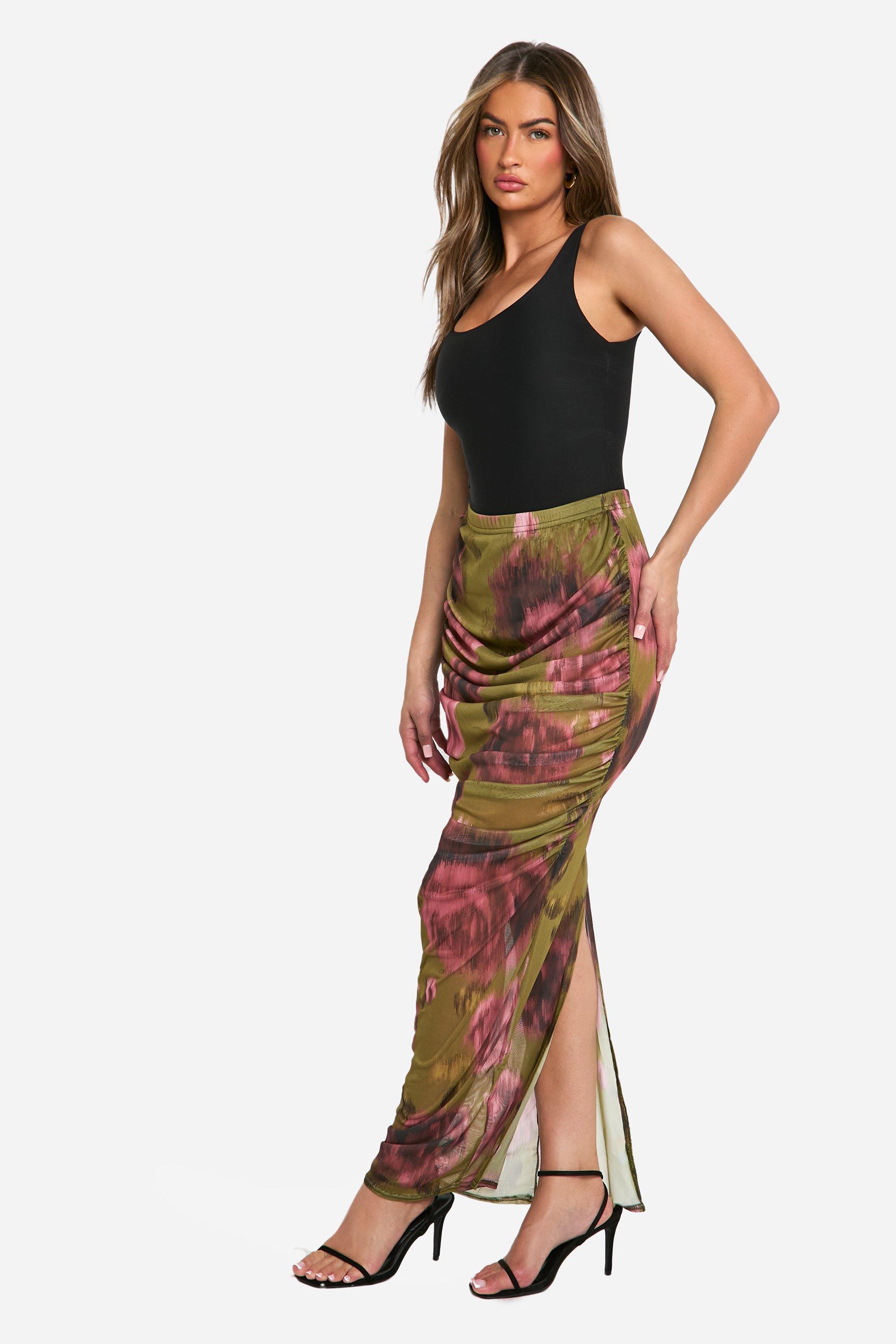Floral Mesh Ruched Maxi Skirt, Verde
