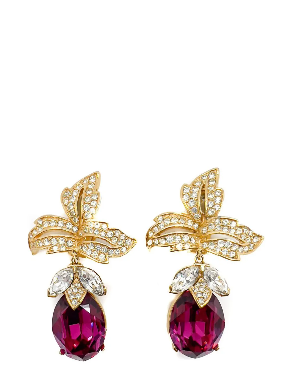 Jennifer Gibson Vintage Ciner Hot Pink Crystal Floral Earrings 1980s - Oro
