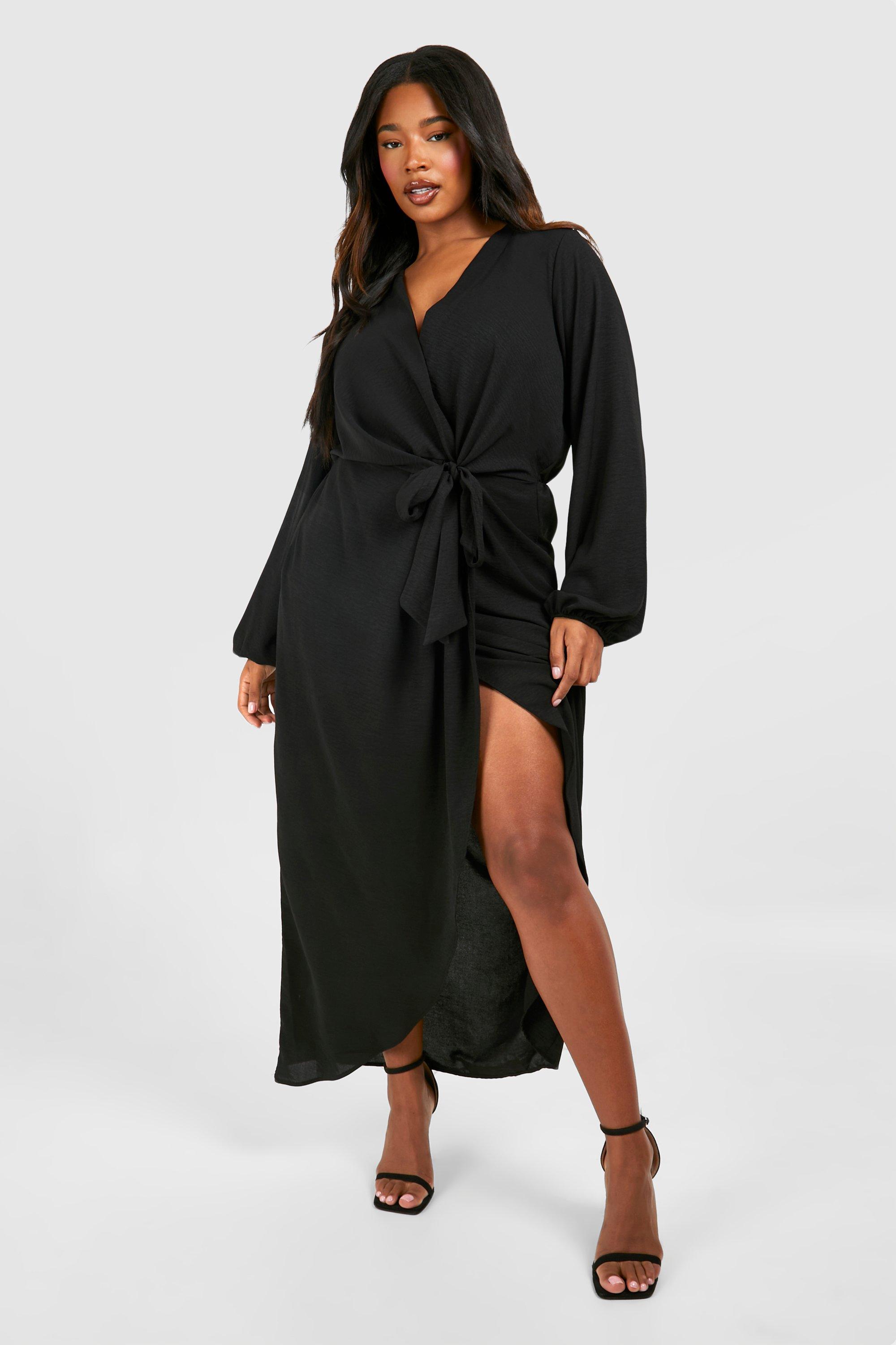 Plus Textured Satin Tie Detail Maxi Dress, Nero