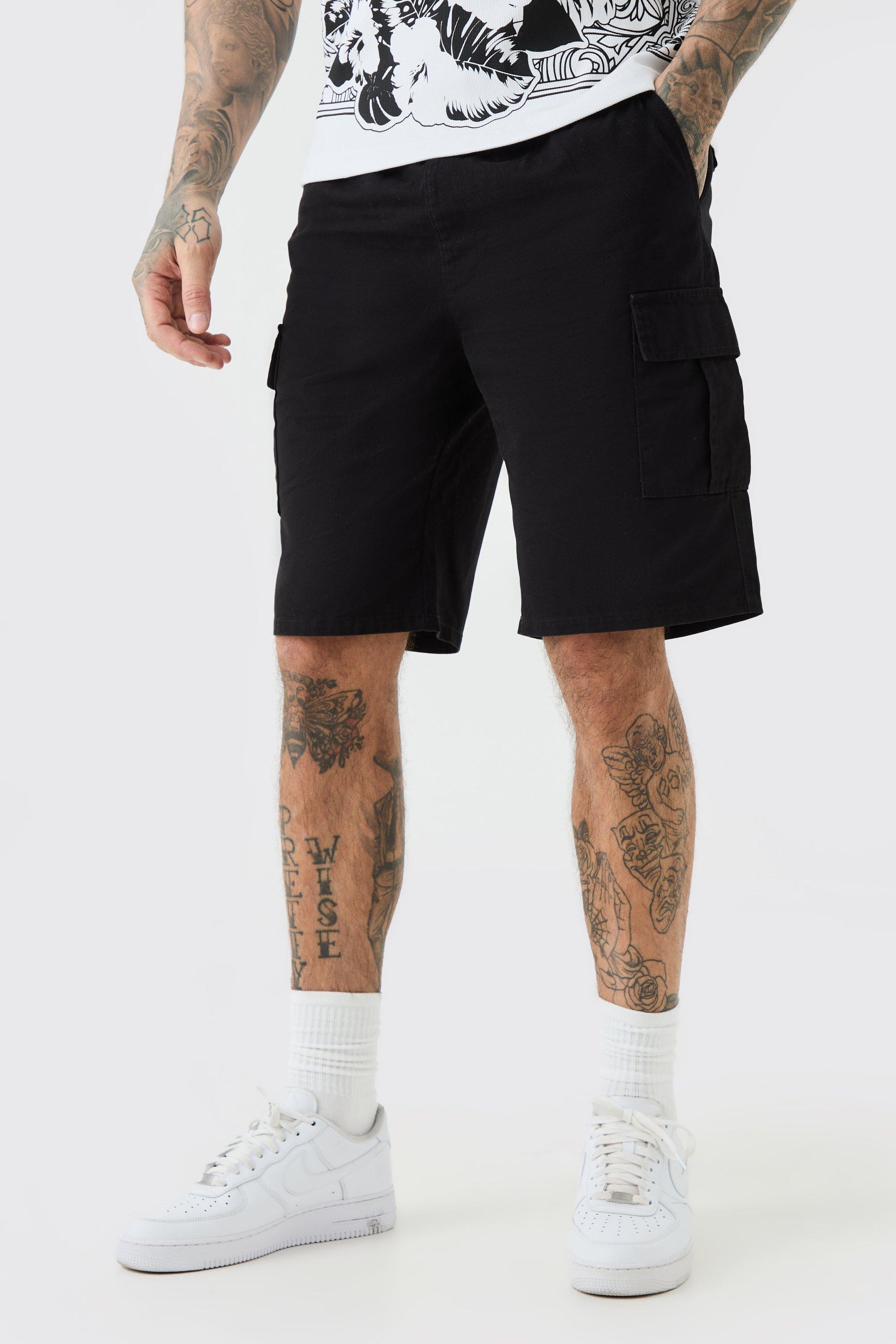 Tall Elastic Waist Relaxed Fit Cargo Shorts In Black, Nero