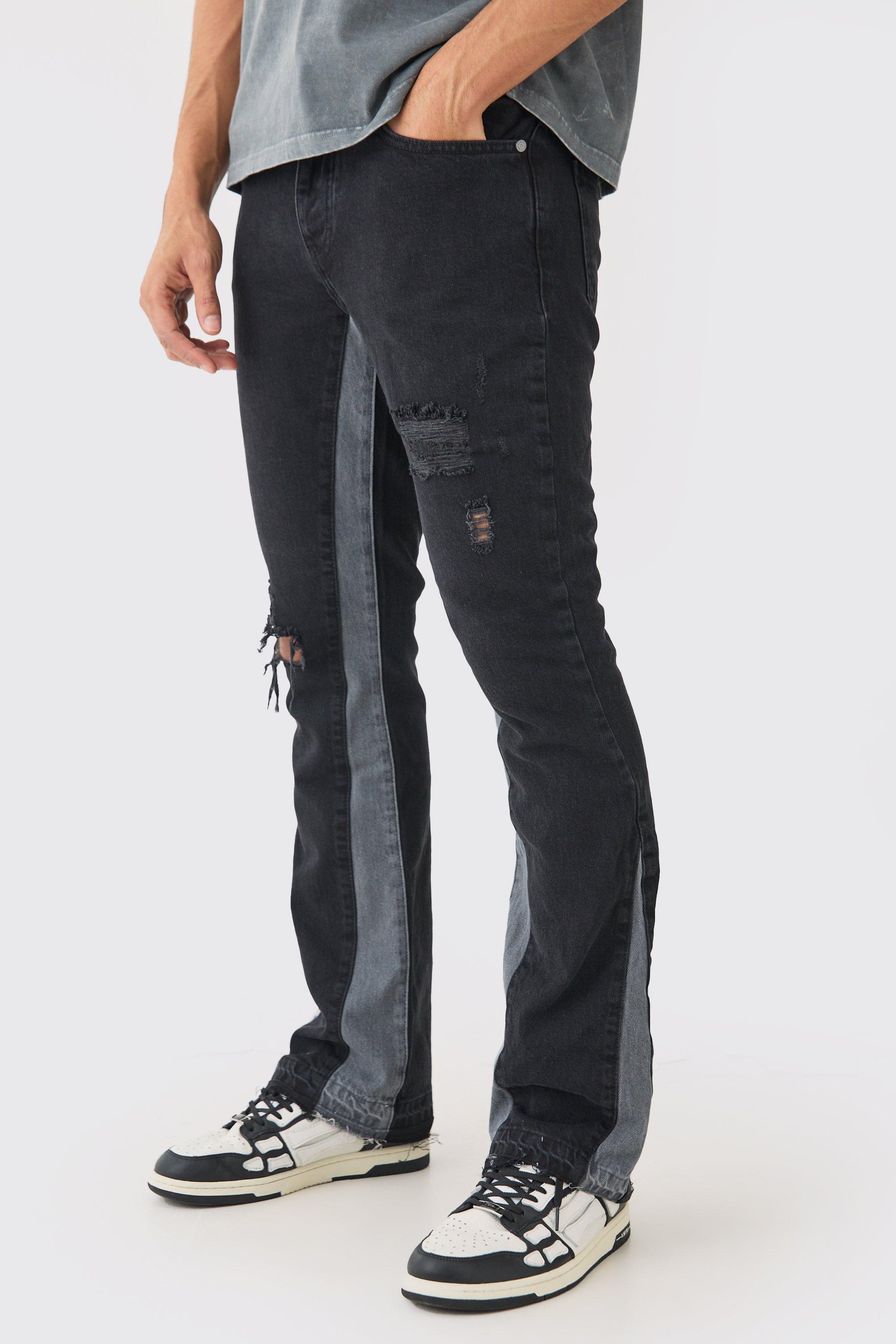 Slim Flare Distressed Panel Jeans, Nero