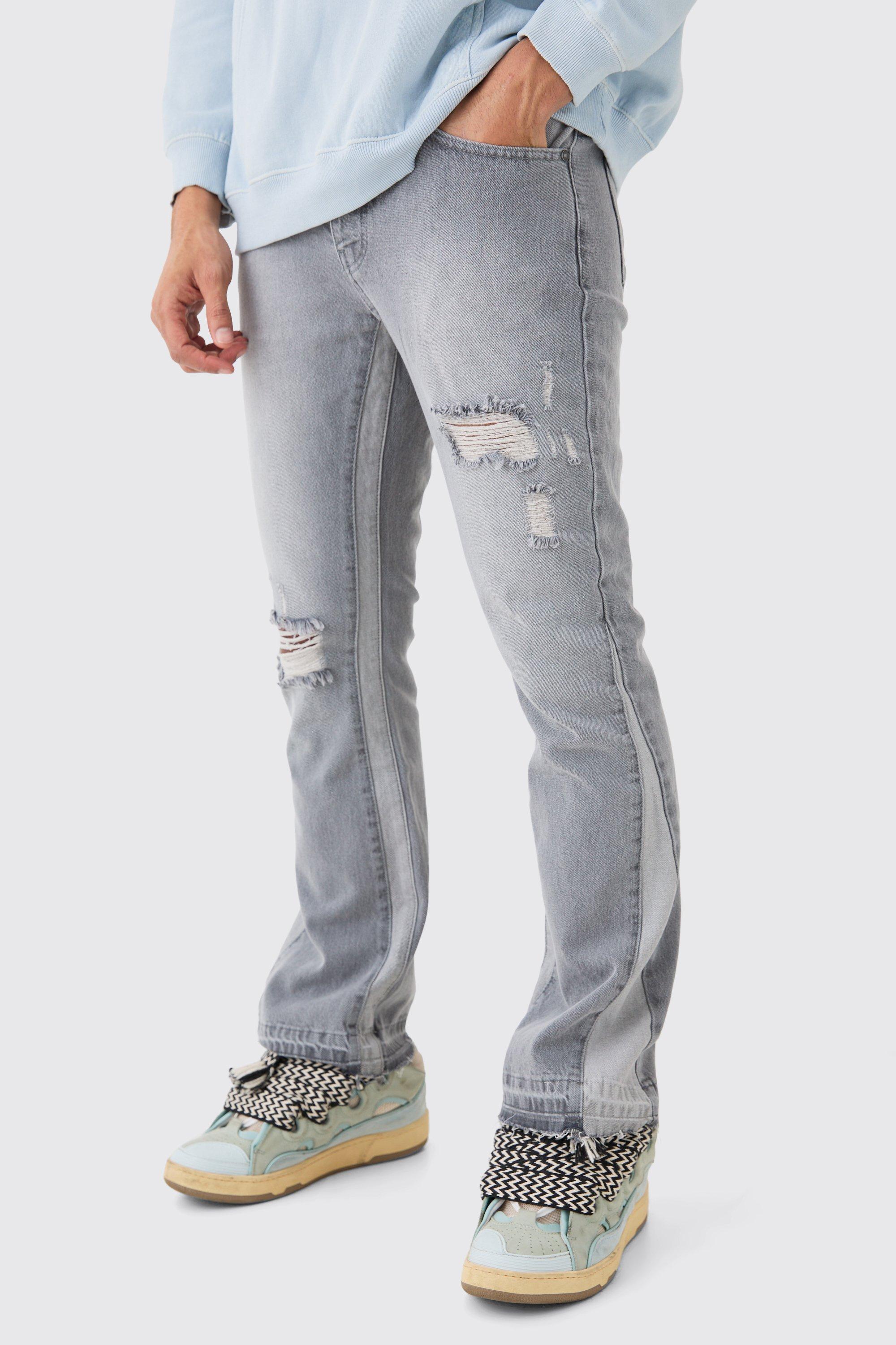 Slim Flare Distressed Panel Jeans, Grigio