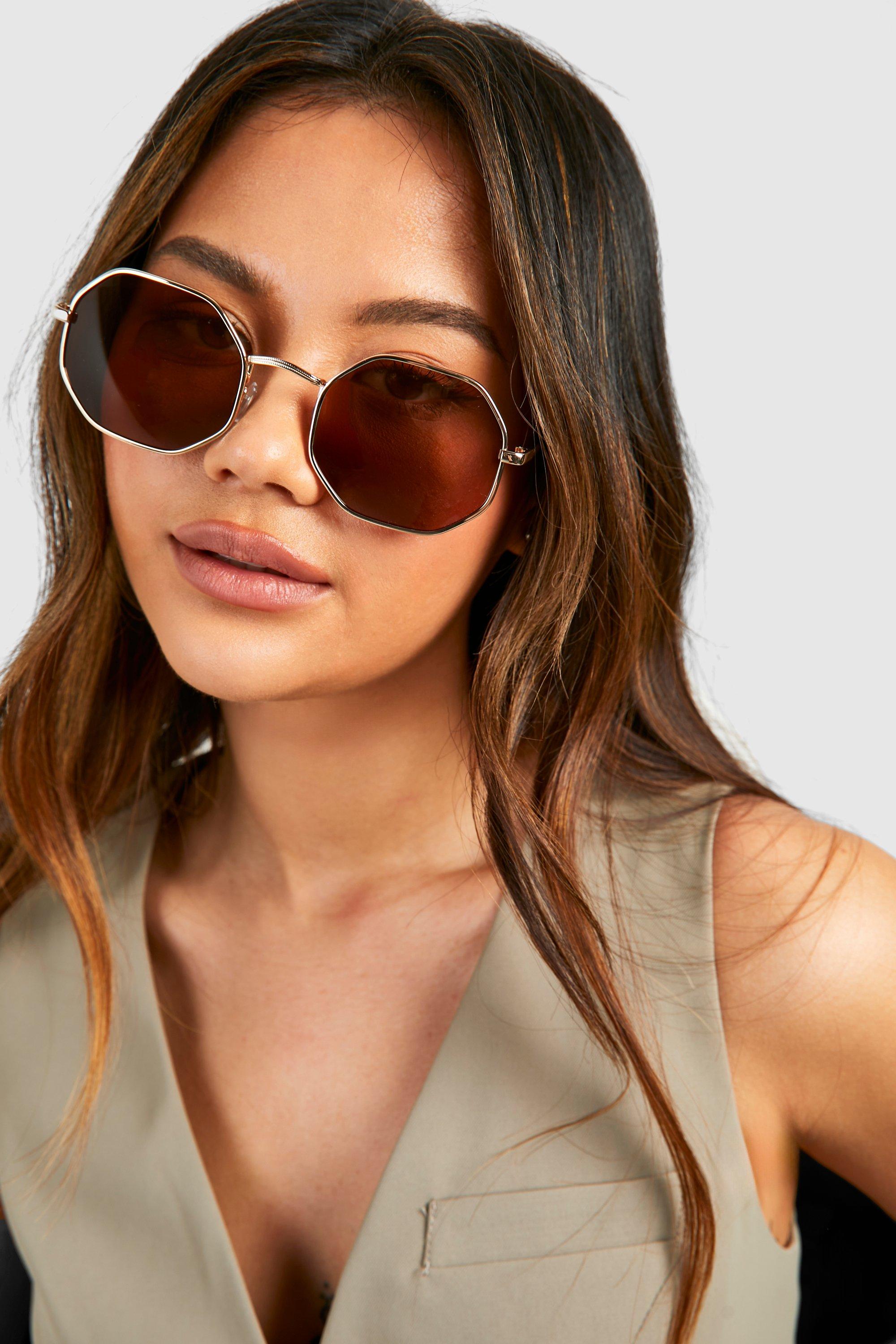 Hexagon Metal Frame Sunglasses, Metallics