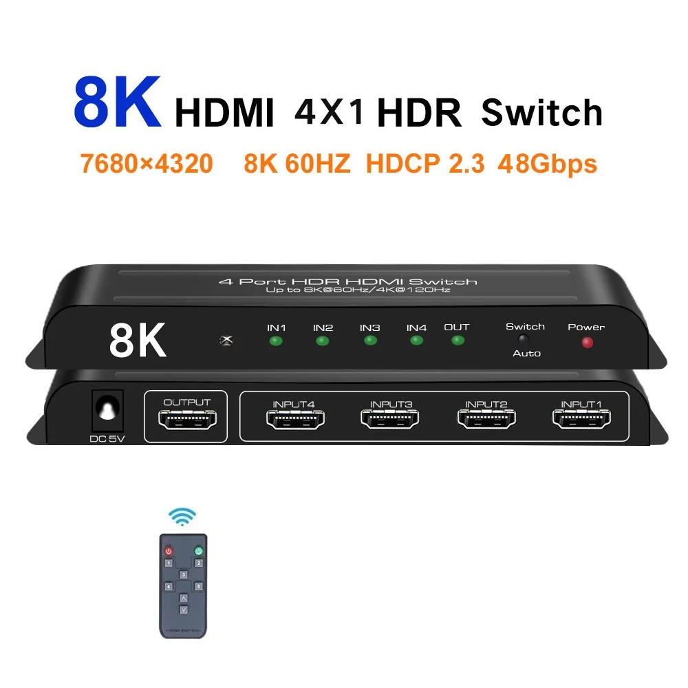 8K @ 60Hz Hdmi Switch 4 In 1 Out Auto Switch Telecomando Ir 4K @ 120Hz Hdr Dolby Vision Dts Dolby Atmos Ac3 Per Ps5 Xbox Series X