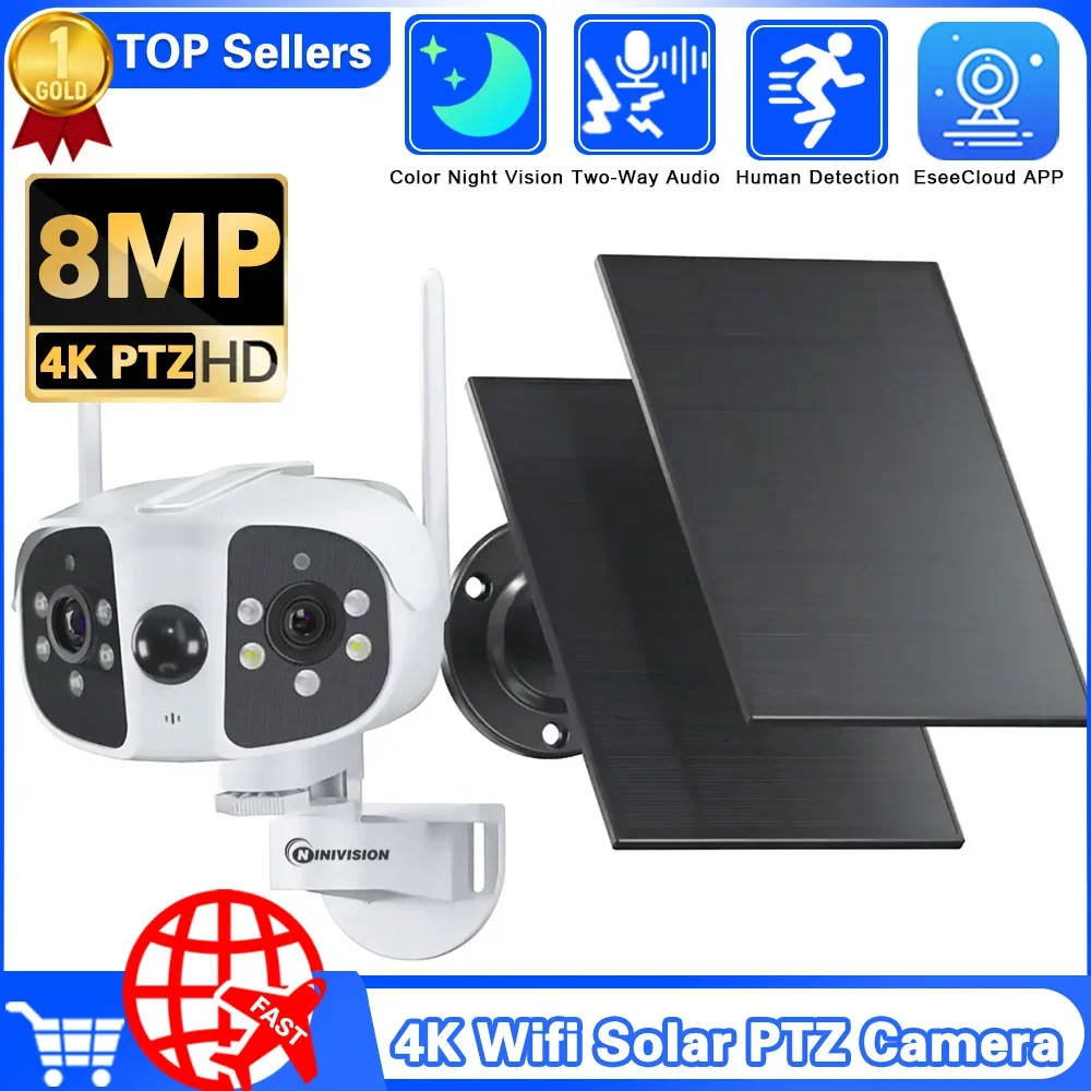 4K 180 ° Grandangolare Dual Lens Dual Solar Panels Camera 8Mp Wifi Wireless Security Outdoor Batteria Integrata Videocamera Di Sorveglianza