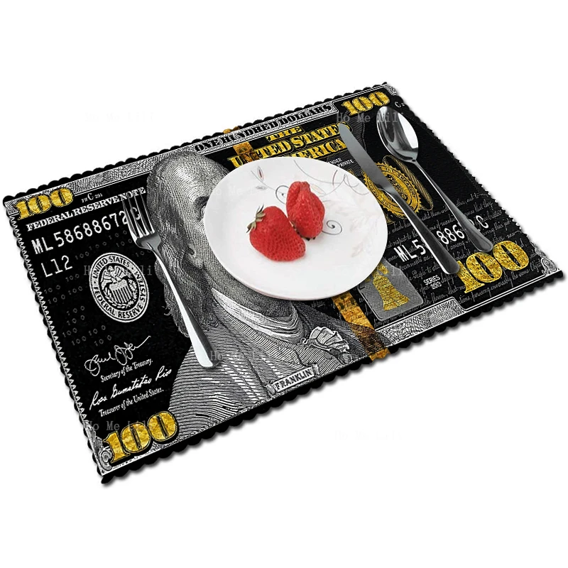 Nero E Oro 100 Dollari Bill Money And Wealth Greenback Pile Franklin Head Portrait Tovaglietta In Tessuto Di Poliestere