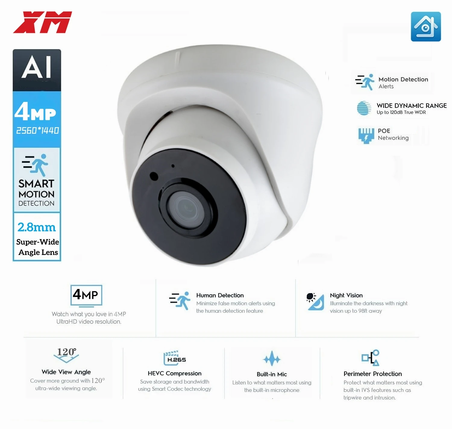 Xm Hd Ip Camera 4.0Mp Indoor Audio Dome Cam Ir Lens 3.6Mm Ip Cctv Security Camera Network P2P Android Iphone Xmeye View