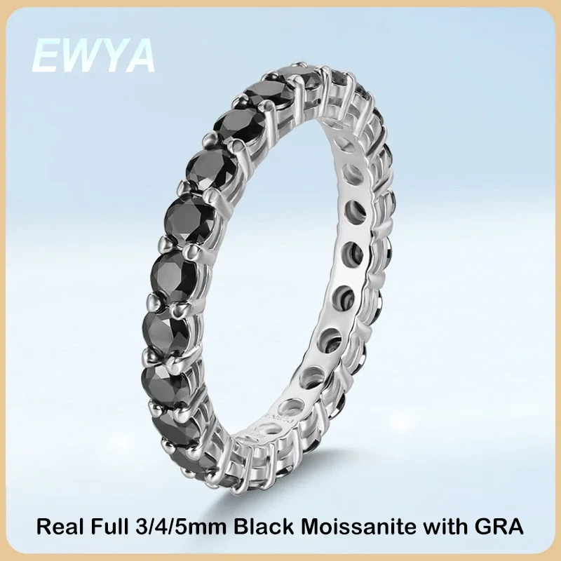 Ewya Gra Certified Full 3/4/5Mm D Color Black Moissanite Ring Full Eternity Diamond Band Per Donna Uomo S925 Fedi Nuziali In Argento