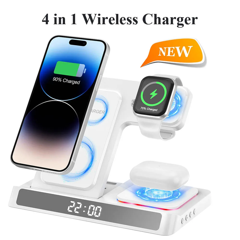 Sveglia Digitale 5 In 1 Ricarica Wireless Per Iphone 15 14 13 Dock Station Per Caricabatterie Pieghevole Per Caricabatterie Wireless Airpods Pro