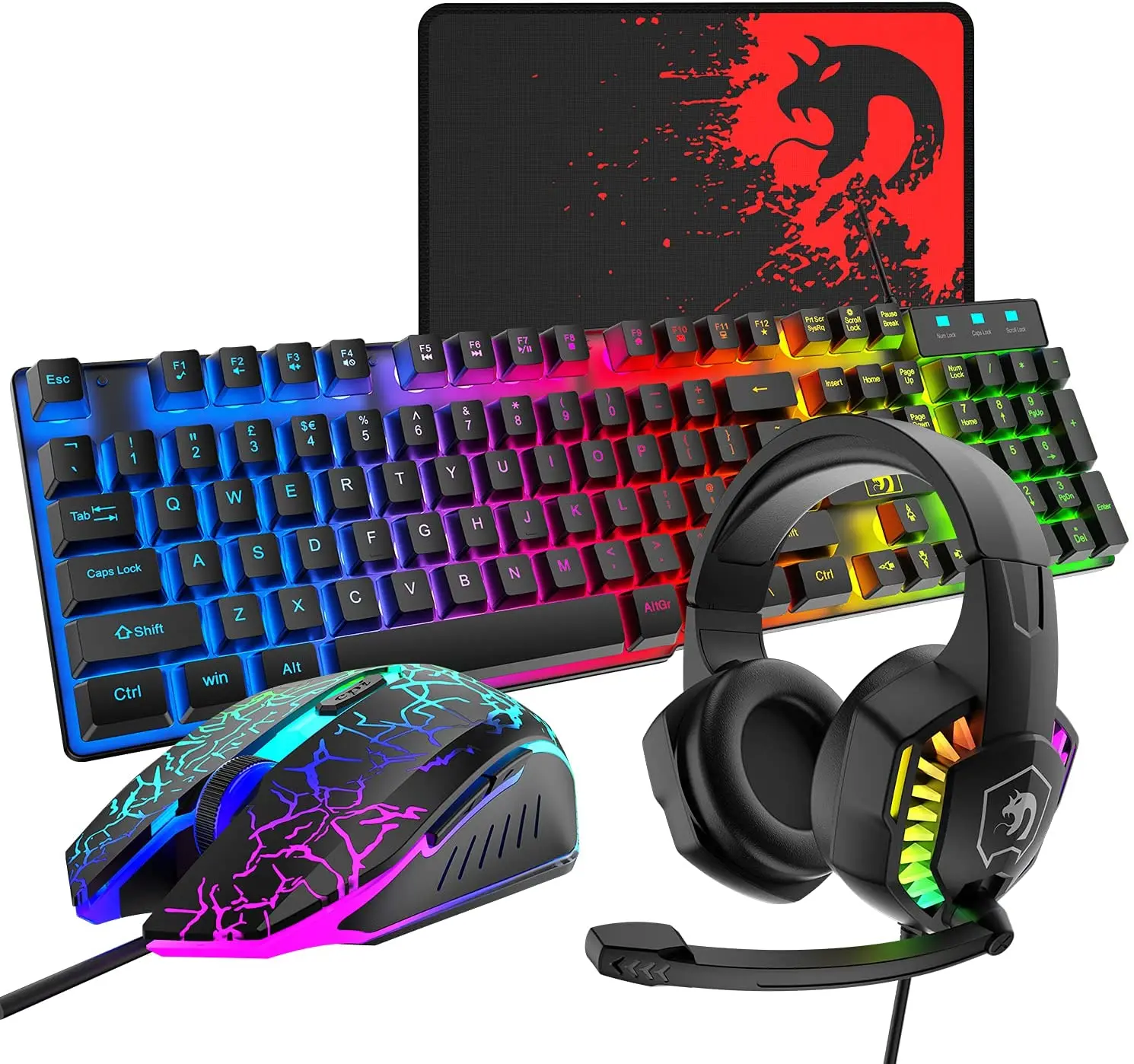 Mambasnake Tastiera Da Gioco Cablata E Mouse Auricolare Mouse Pad Combo Rainbow Led Retroilluminato Per Pc Laptop Mac Ps4 Xbox