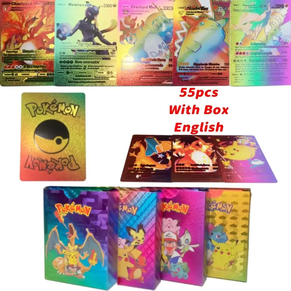 55Pcs Pokemon Colorful 3D Gold Foil Card Charizard Pikachu Arceus Rainbow English French Spanish Vstar Gx Vmax Collection Cards