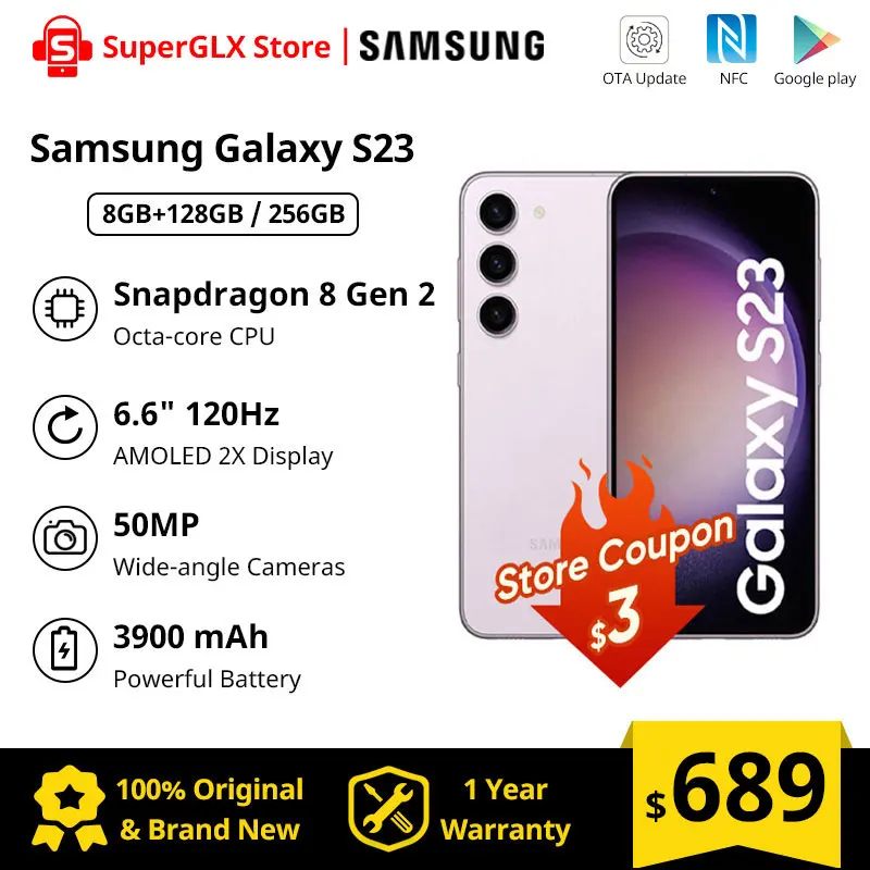 Originale Nuovo Samsung Galaxy S23 6.1 "Snapdragon 8 Gen 2 120Hz Amoled 2X Display Celular Android13 Nfc Samsung S23 Cellulare