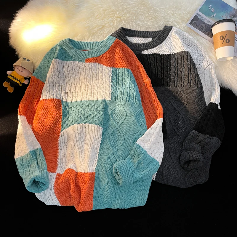 2023 Autunno Casual Maglione Lavorato A Maglia Da Uomo O-Collo Slim Fit Maglieria Mens Patchwork Maglioni Pullover Uomo Pull E108