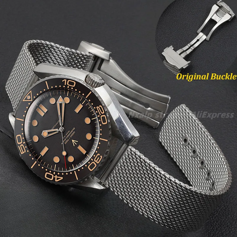 Cinturino Di Lusso Per Omega Seamaster 007 300 Diving Milano Cinturino In Rete Fibbia Pieghevole Originale Bracciale In Acciaio Inossidabile Massiccio