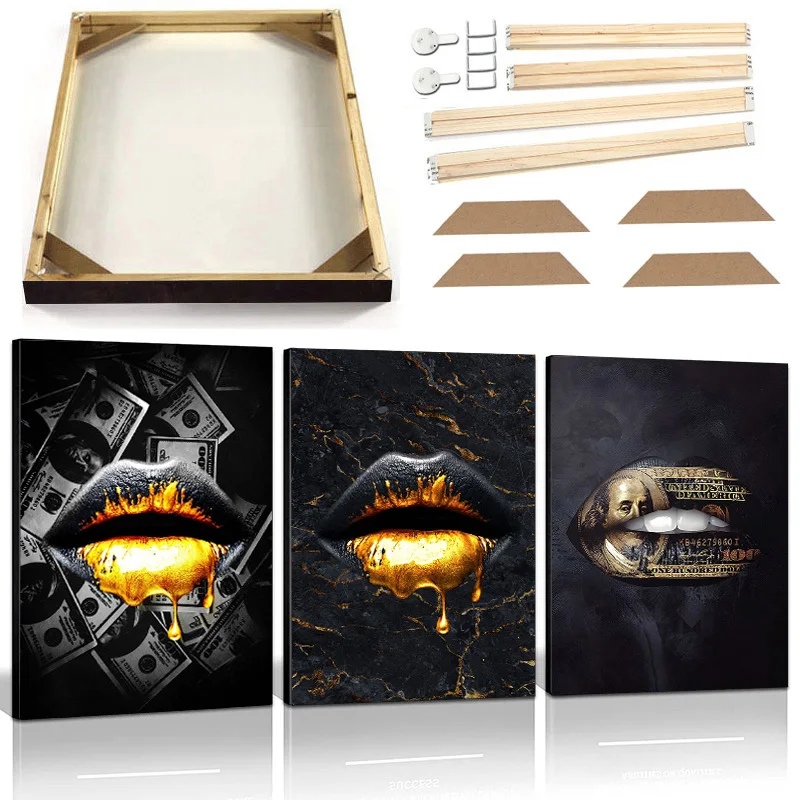 Black Gold Sexy Lips Canvas Art Painting Con Cornice Abstract Art Map Money Lips Wall Poster Prints Modern Living Room Picture