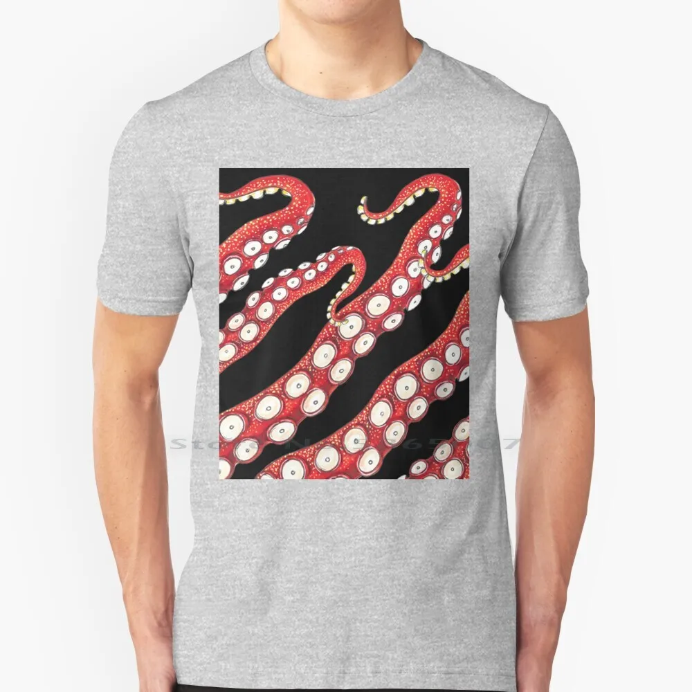 Red Kraken Octopus Tentacles Ink Art T Shirt 100% Cotone Red Kraken Tentacles Squid Marine Beach Octopus Art Octopus Drawing