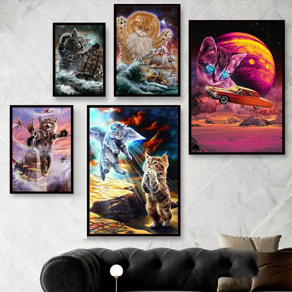 Titan Cat Kraken Martizing Ships Monster Abstract Poster Prints Funny Canvas Painting Wall Art Picture For Living Room Decor