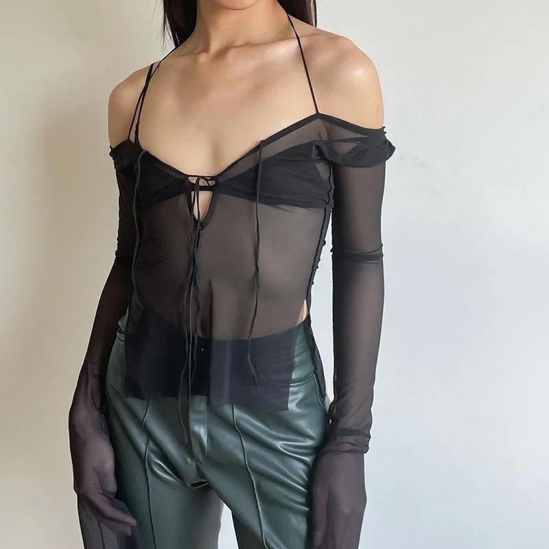 Punk Mesh See Through T-Shirt Donna Cyber Sexy Summer Halter Top Lace Up Techwear Black Patchwork Split Clothes