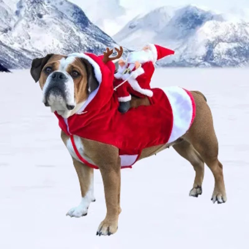 Natale Pet Dog Santa Riding Abbigliamento Forniture Claus Jacket Coat Costume Divertente Fancy Dress Up Party Dressing Eseguire I Vestiti