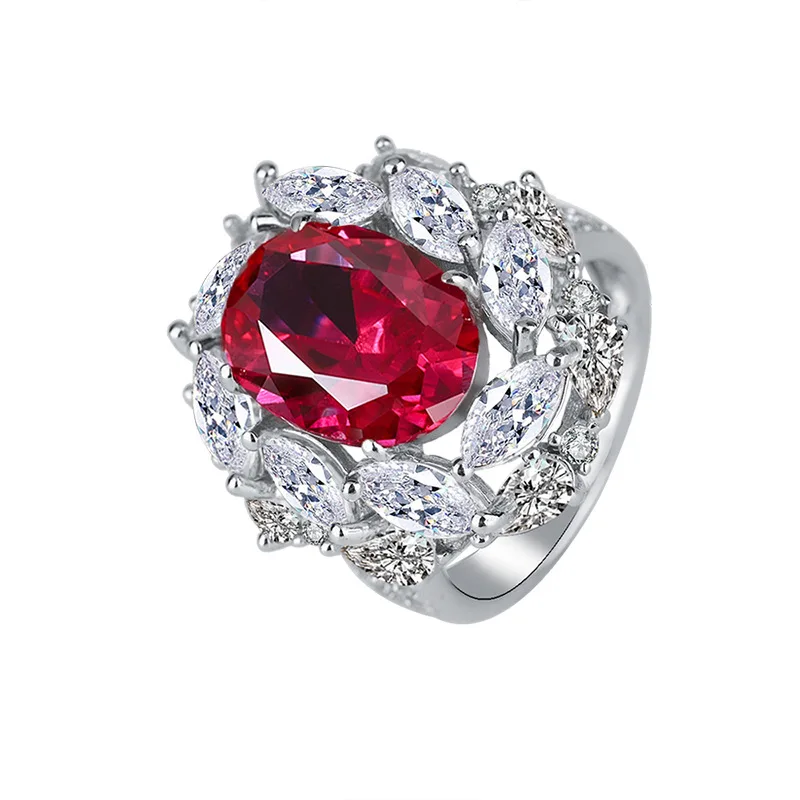 S925 Full Body Silver Colorful Treasure Red Treasure Blue Treasure Dan Shaped 10*14 Bi Kou Hand Ornament Ring
