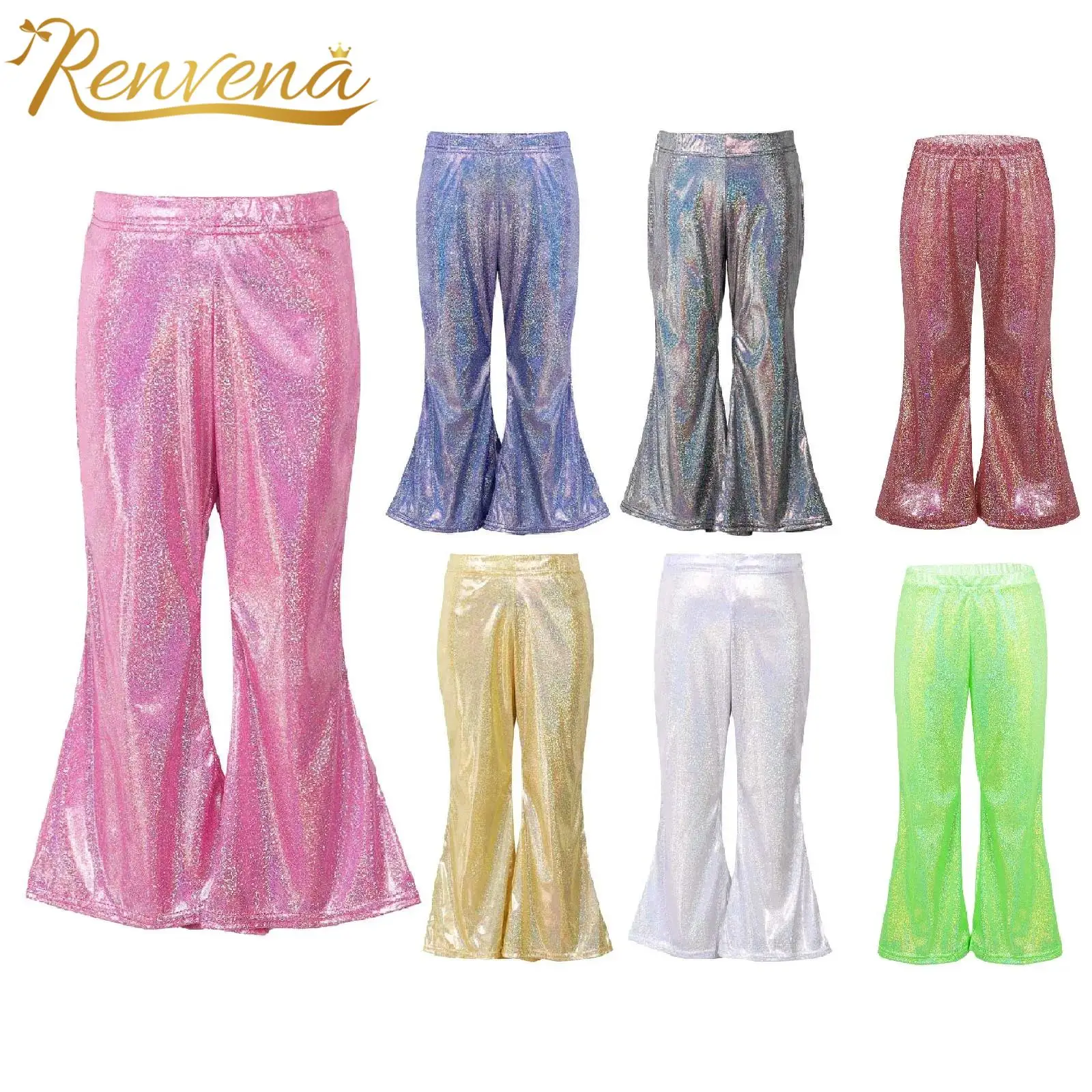 Moda Bambini Flare Pants Shiny Metallic Kids Girls Hiphop Jazz Dance Costumes Dancewear Flares For Dancing Performance Party