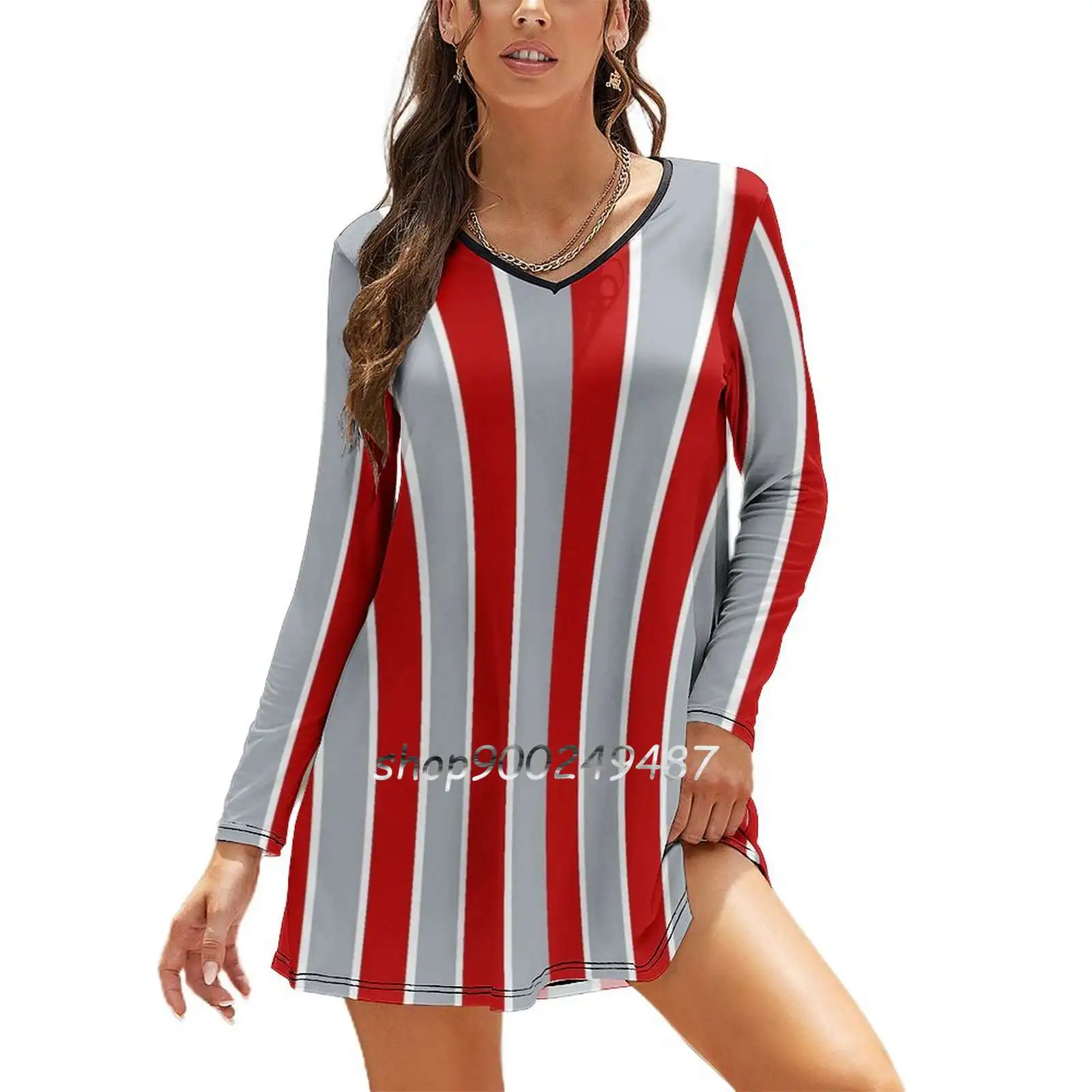 Jersey Medieval Warriors Dresses For Women A-Line Korea Style Slim Long Sleeve Dress Scarlet Silver And White Striped Scarlet