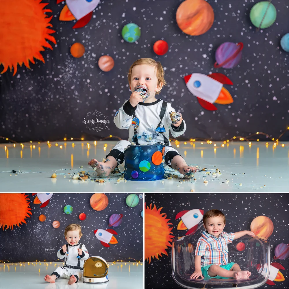 Baby Shower Background Fly In Space Infinite Universe Rocket Alien Planet Cake Smash Compleanno Ritratto Sfondo Fotografia