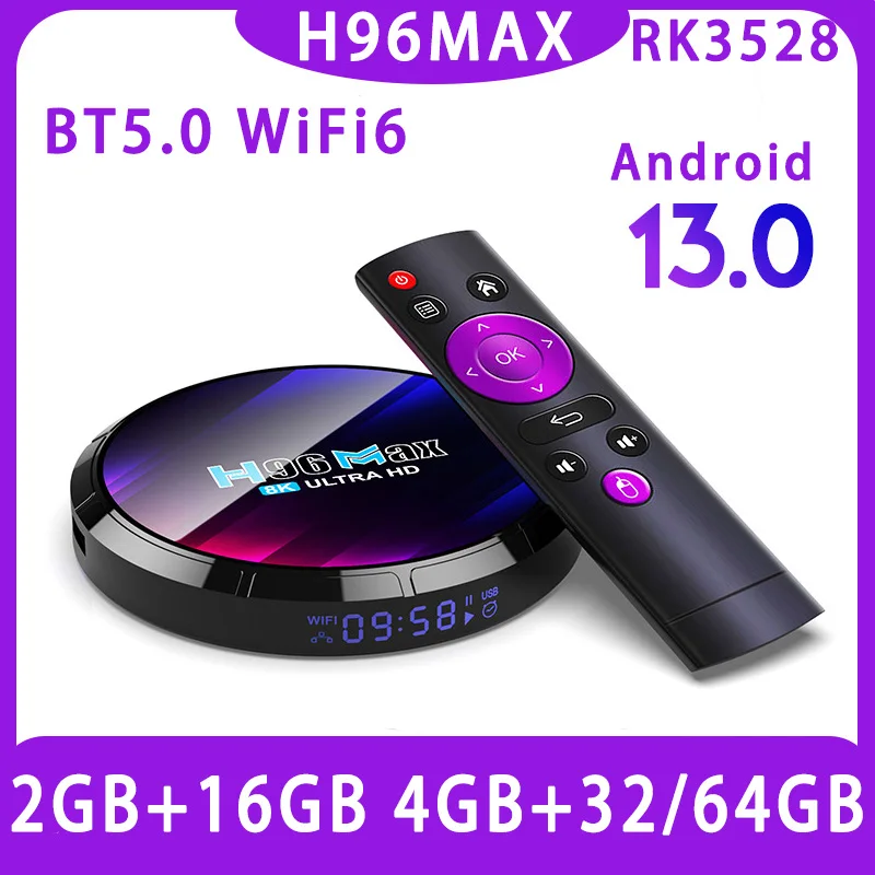 Android 13 Smart Tv Box H96 Max Rk3528 Quad Core 2G 16G 4G 32/64G Supporto 4K 8K 2.4/5G Wifi6 Bt Media Player Set Top Box Tv Box