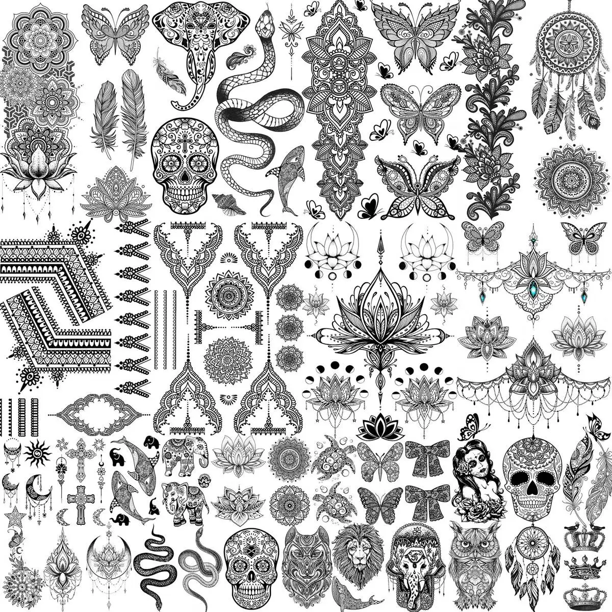 32 Fogli Mandala Flower Tatuaggi Temporanei Per Le Donne Mani Wasit Lotus Tatuaggi Finti Black Henna Skull Snake Tatoos Kit Set