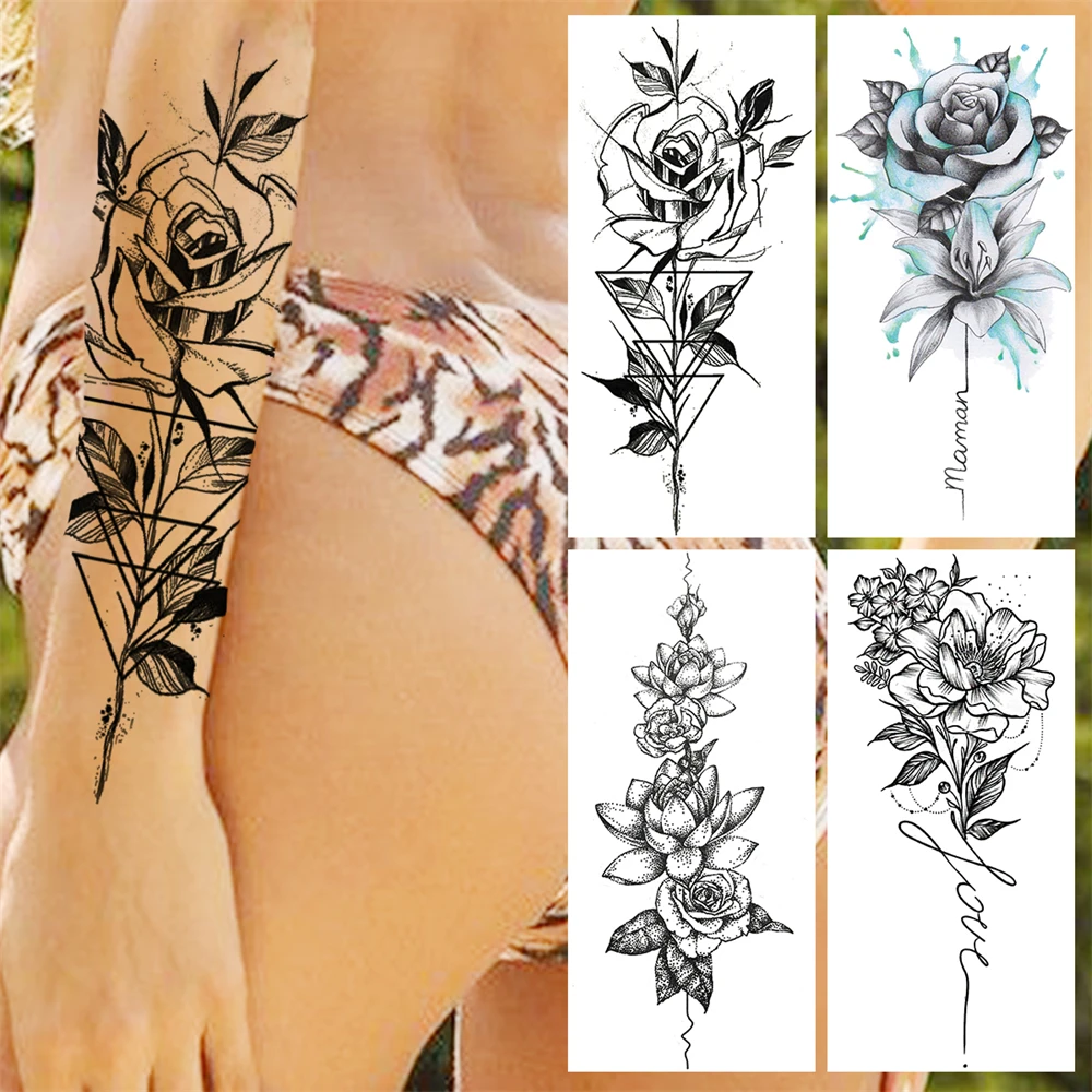Black Rose Flower Arm Geometry Tatuaggi Temporanei Per Le Donne Adult Girl Lotus Fake Tattoo Sticker Realistico Body Art Tatoos Paper