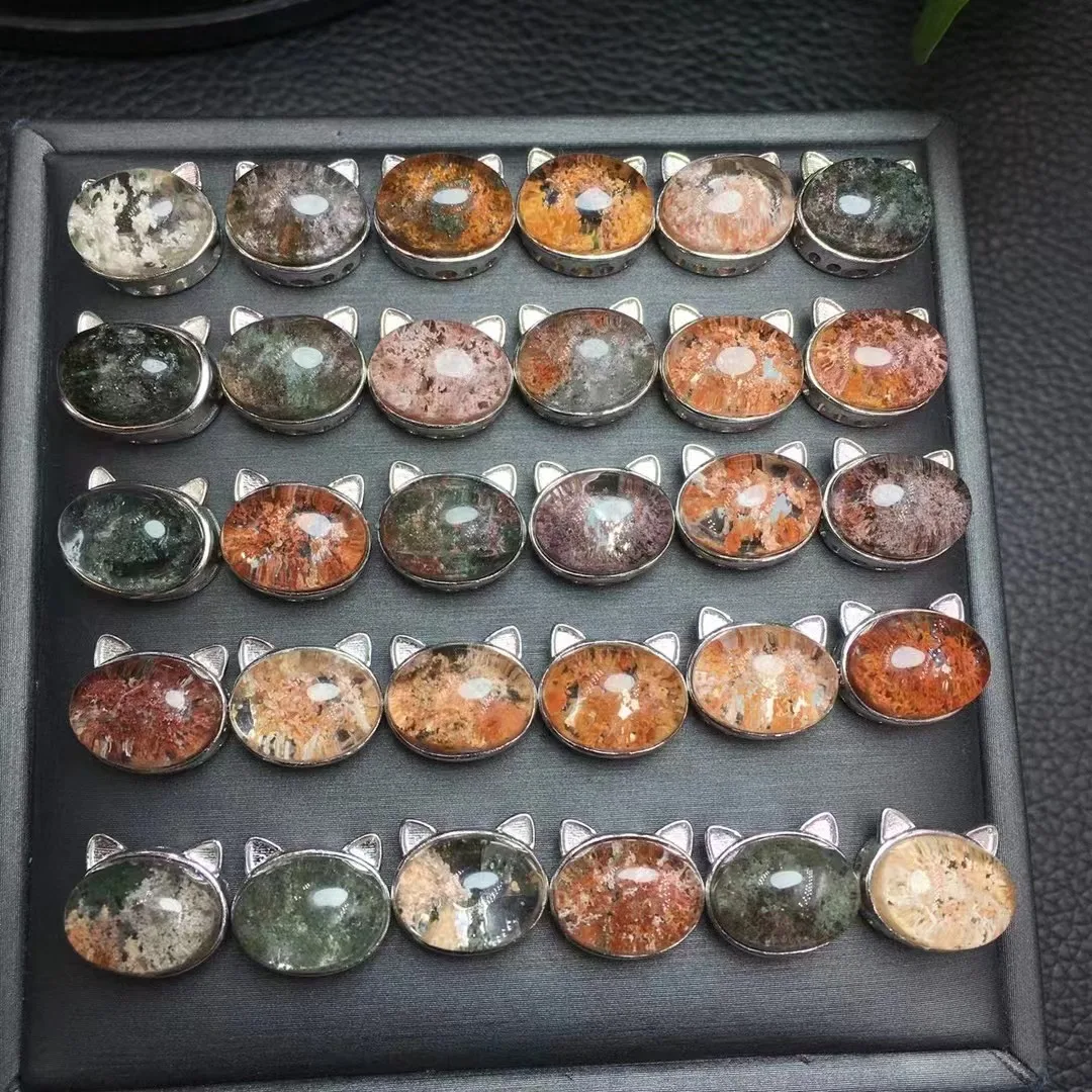 Unità Un Pezzo 925 Argento Con Costo Personalizzato Arcobaleno Naturale Fantasma Cristallo Di Quarzo Guarigione Testa Di Gatto Gioielli Per Regalo