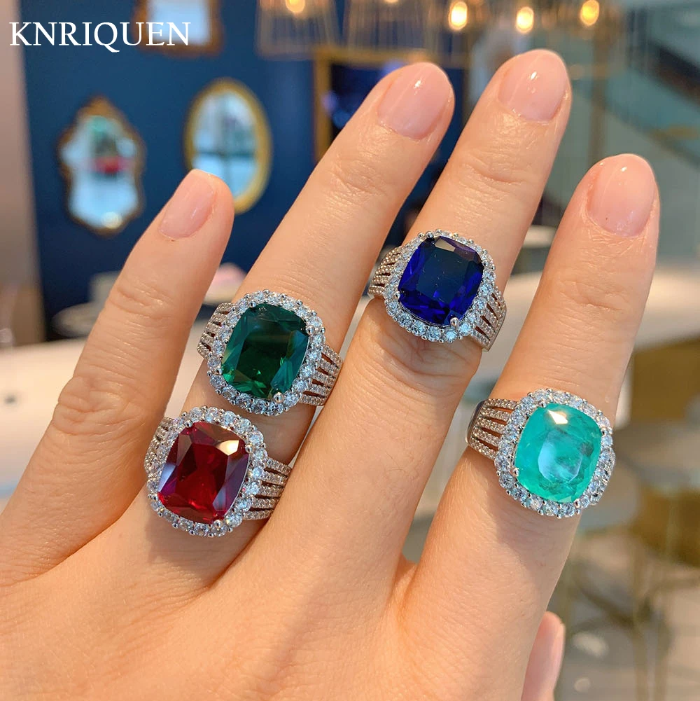 Luxury 10*12Mm Paraiba Tourmaline Emerald Ruby Sapphire Rings For Women Lab Diamond Gemstone Party Wedding Fine Jewelry Giftsl