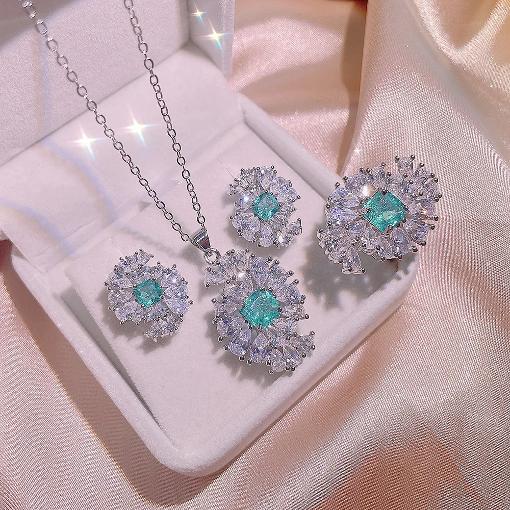 Ruzzallati Classic Square Paraiba Tourmaline Gemstone Jewelry Set Charms Da Donna Vintage Trendy Wedding Bridal Jewelry