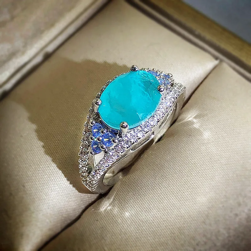 2022 New Exquisite 925 Sterling Silver Paraiba Tourmaline Rings Water Drop Gemstone Ladies Wedding Bridal Ring Retro Jewelry