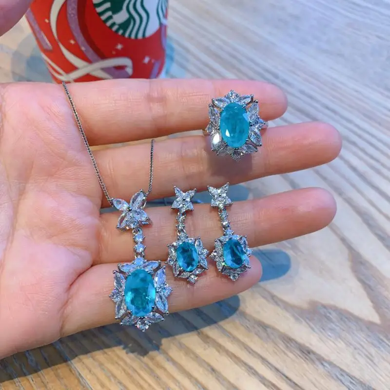 Ruzzallati Luxury Silver Color Women Natural Paraiba Tourmalin Aquamarine Lab Diamond Wedding Jewelry Set Drop Shipping